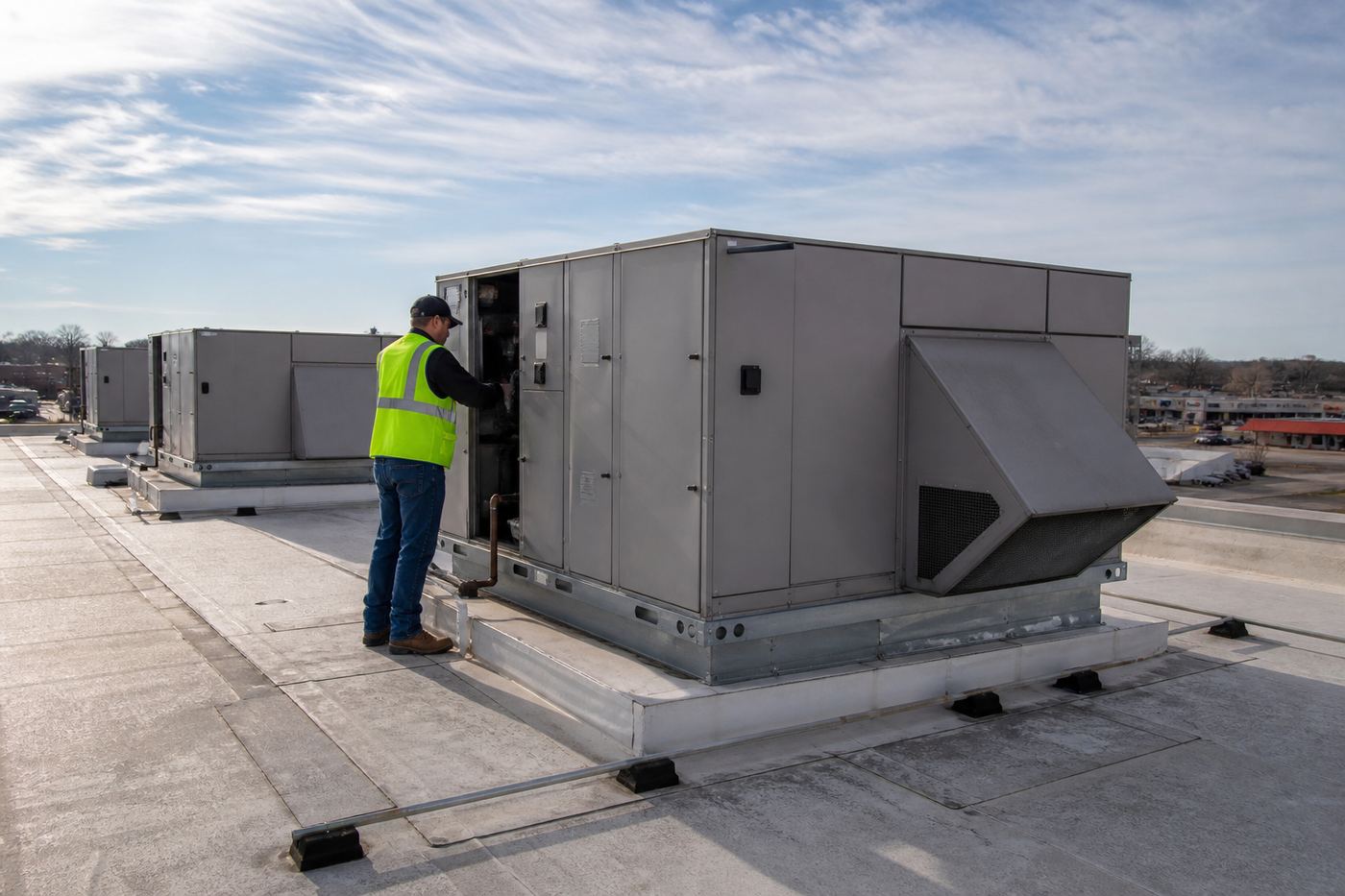 Commercial HVAC service Southern Illinois — Shawnee Heating & AC Technician inspecting rooftop commercial HVAC units on a Southern Illinois business building