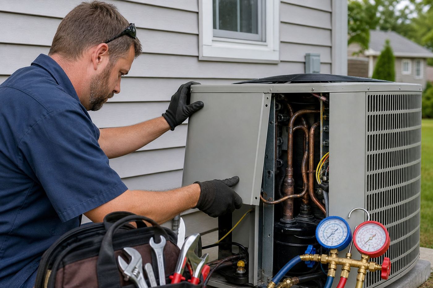 HVAC repair Southern Illinois — Shawnee Heating & AC HVAC technician repairing an outdoor air conditioner condenser in Southern Illinois