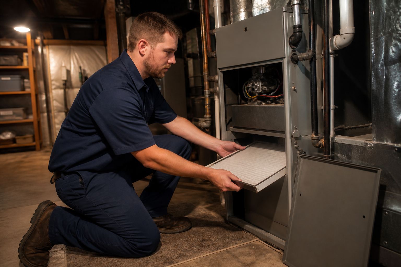 HVAC technician working on a furnace in Southern Illinois
